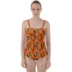 Halloween Treats Pattern Orange Twist Front Tankini Set