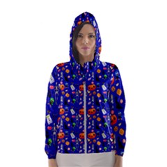 Halloween Treats Pattern Blue Hooded Windbreaker (women)