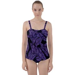 Tropical Leaves Purple Twist Front Tankini Set