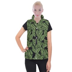 Tropical Leaves On Black Women s Button Up Vest