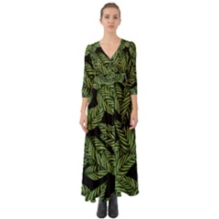 Tropical Leaves On Black Button Up Boho Maxi Dress