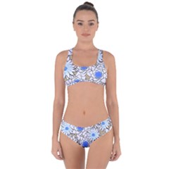 Vintage White Blue Flowers Criss Cross Bikini Set
