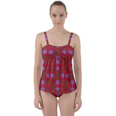 Red With Purple Flowers Twist Front Tankini Set