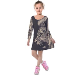 Angry Male Lion Kids  Long Sleeve Velvet Dress by Sudhe