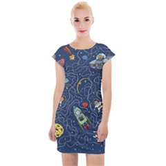 Cat Cosmos Cosmonaut Rocket Cap Sleeve Bodycon Dress by Sudhe