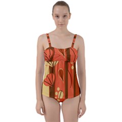 Amber Yellow Stripes Leaves Floral Twist Front Tankini Set by Mariart