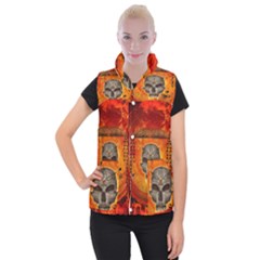 Awesome Skull With Celtic Knot With Fire On The Background Women s Button Up Vest by FantasyWorld7