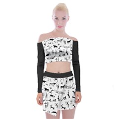 Petroglyph Runic Cavemen Nordic Black Paleo Drawings Pattern Off Shoulder Top With Mini Skirt Set by snek