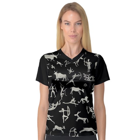 Petroglyph Nordic Beige And Black Background Petroglyph Nordic Beige And Black Background V-neck Sport Mesh Tee by snek