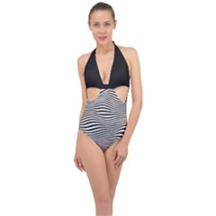 Retro Psychedelic Waves Pattern 80s Black And White Halter Front Plunge Swimsuit by genx