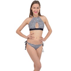 Retro Psychedelic Waves Pattern 80s Black And White Cross Front Halter Bikini Set by genx