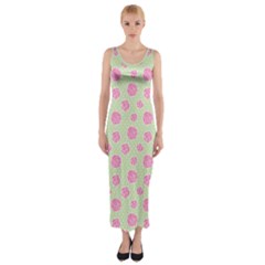 Roses Flowers Pink And Pastel Lime Green Pattern With Retro Dots Fitted Maxi Dress by genx