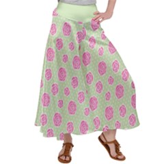 Roses Flowers Pink And Pastel Lime Green Pattern With Retro Dots Satin Palazzo Pants by genx