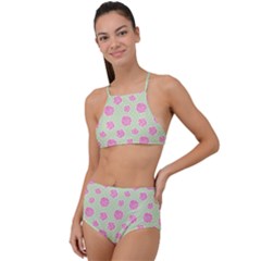 Roses Flowers Pink And Pastel Lime Green Pattern With Retro Dots High Waist Tankini Set by genx