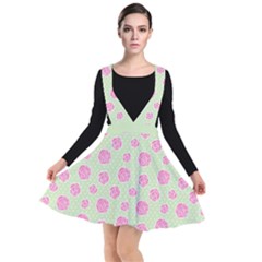Roses Flowers Pink And Pastel Lime Green Pattern With Retro Dots Plunge Pinafore Dress by genx
