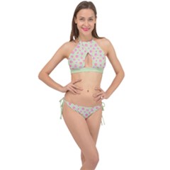 Roses Flowers Pink And Pastel Lime Green Pattern With Retro Dots Cross Front Halter Bikini Set by genx