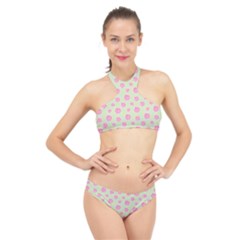 Roses Flowers Pink And Pastel Lime Green Pattern With Retro Dots High Neck Bikini Set by genx