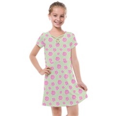 Roses Flowers Pink And Pastel Lime Green Pattern With Retro Dots Kids  Cross Web Dress by genx