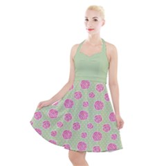 Roses Flowers Pink And Pastel Lime Green Pattern With Retro Dots Halter Party Swing Dress  by genx