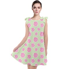 Roses Flowers Pink And Pastel Lime Green Pattern With Retro Dots Tie Up Tunic Dress by genx