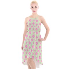 Roses Flowers Pink And Pastel Lime Green Pattern With Retro Dots High-low Halter Chiffon Dress  by genx