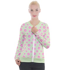 Roses Flowers Pink And Pastel Lime Green Pattern With Retro Dots Casual Zip Up Jacket by genx