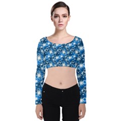 Star Hexagon Blue Deep Blue Light Velvet Long Sleeve Crop Top by Pakrebo