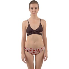 Red Apple Core Funny Retro Pattern Half Eaten On Pastel Orange Background Wrap Around Bikini Set by genx