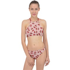 Red Apple Core Funny Retro Pattern Half Eaten On Pastel Orange Background Racer Front Bikini Set by genx