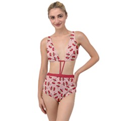 Red Apple Core Funny Retro Pattern Half Eaten On Pastel Orange Background Tied Up Two Piece Swimsuit by genx