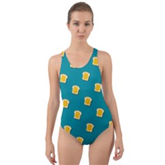 Toast With Cheese Funny Retro Pattern Turquoise Green Background Cut-out Back One Piece Swimsuit by genx