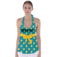 Toast With Cheese Funny Retro Pattern Turquoise Green Background Babydoll Tankini Top by genx