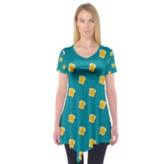 Toast With Cheese Funny Retro Pattern Turquoise Green Background Short Sleeve Tunic  by genx