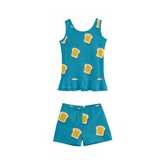 Toast With Cheese Funny Retro Pattern Turquoise Green Background Kids  Boyleg Swimsuit by genx