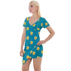 Toast With Cheese Funny Retro Pattern Turquoise Green Background Short Sleeve Asymmetric Mini Dress by genx