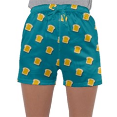 Toast With Cheese Funny Retro Pattern Turquoise Green Background Sleepwear Shorts by genx