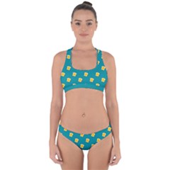 Toast With Cheese Funny Retro Pattern Turquoise Green Background Cross Back Hipster Bikini Set by genx