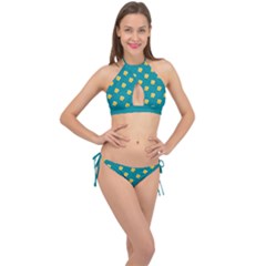 Toast With Cheese Funny Retro Pattern Turquoise Green Background Cross Front Halter Bikini Set by genx