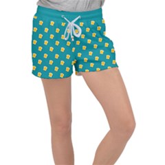 Toast With Cheese Funny Retro Pattern Turquoise Green Background Women s Velour Lounge Shorts by genx