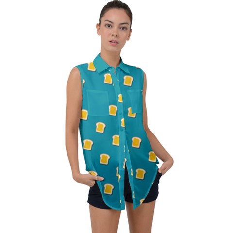 Toast With Cheese Funny Retro Pattern Turquoise Green Background Sleeveless Chiffon Button Shirt by genx