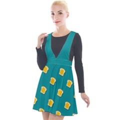 Toast With Cheese Funny Retro Pattern Turquoise Green Background Plunge Pinafore Velour Dress by genx