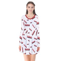 Funny Bacon Slices Pattern Infidel Red Meat Long Sleeve V-neck Flare Dress by genx