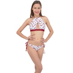 Funny Bacon Slices Pattern Infidel Red Meat Cross Front Halter Bikini Set by genx