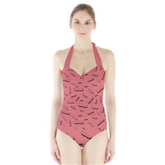 Funny Bacon Slices Pattern Infidel Vintage Red Meat Background  Halter Swimsuit by genx