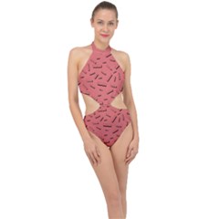 Funny Bacon Slices Pattern Infidel Vintage Red Meat Background  Halter Side Cut Swimsuit by genx