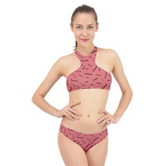 Funny Bacon Slices Pattern Infidel Vintage Red Meat Background  High Neck Bikini Set by genx