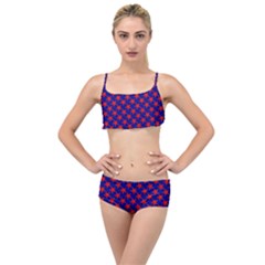 Red Stars Pattern On Blue Layered Top Bikini Set by BrightVibesDesign