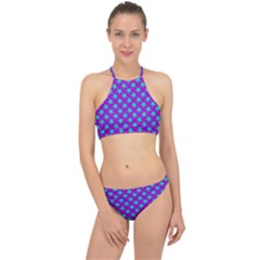 Turquoise Stars Pattern On Purple Racer Front Bikini Set by BrightVibesDesign