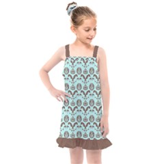 Easter Damask Pattern Robins Egg Blue And Brown Kids  Overall Dress by emilyzragz