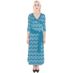 Easter Damask Pattern Deep Teal Blue And White Quarter Sleeve Wrap Maxi Dress by emilyzragz